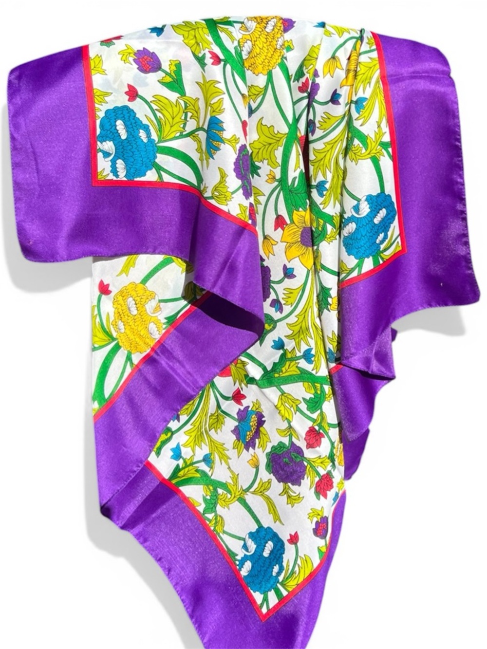 Silky And Vibrant Square Scarf with Colorful Flowers And Royal Purple Trim